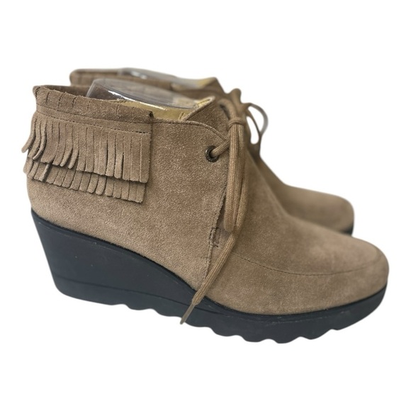 Bussola Leeds Women’s Suede Tan Layered Fringe Lace Up Wedge Ankle Boots - Picture 1 of 9